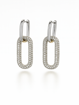 Pair of silver hoop earrings with embedded stones on a white background