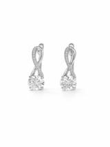 Pair of silver earrings with clear gemstones on a white background